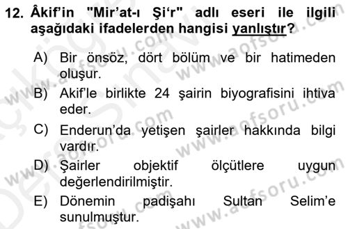 Eski Türk Edebiyatının Kaynaklarından Şair Tezkireleri Dersi 2017 - 2018 Yılı 3 Ders Sınav Soruları 12. Soru