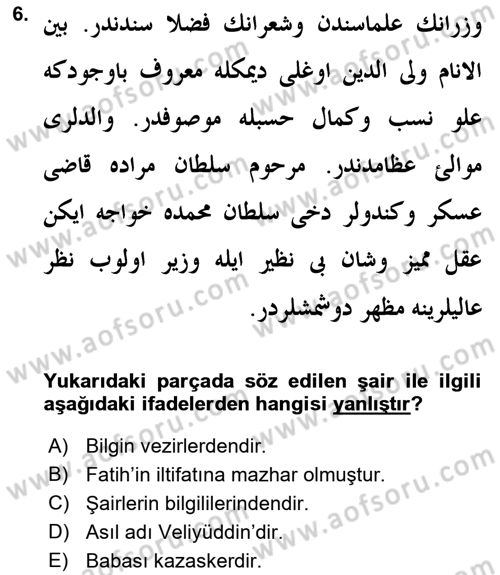 Eski Türk Edebiyatının Kaynaklarından Şair Tezkireleri Dersi 2017 - 2018 Yılı 3 Ders Sınav Soruları 6. Soru