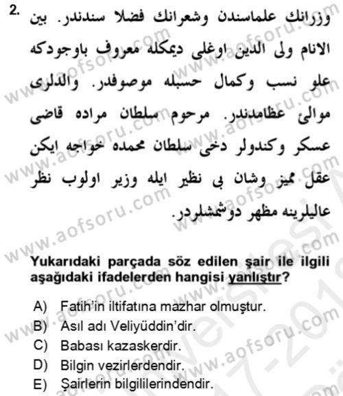 Eski Türk Edebiyatının Kaynaklarından Şair Tezkireleri Dersi 2017 - 2018 Yılı (Vize) Ara Sınav Soruları 2. Soru