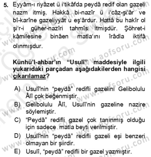 Eski Türk Edebiyatının Kaynaklarından Şair Tezkireleri Dersi 2017 - 2018 Yılı (Vize) Ara Sınav Soruları 5. Soru