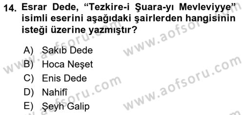 Eski Türk Edebiyatının Kaynaklarından Şair Tezkireleri Dersi 2018 - 2019 Yılı 3 Ders Sınav Soruları 14. Soru
