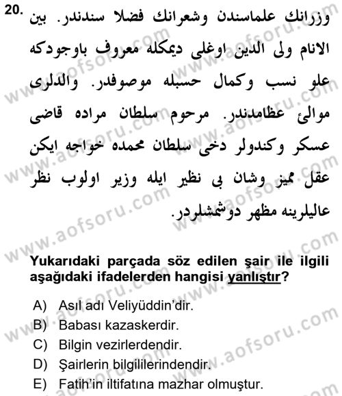Eski Türk Edebiyatının Kaynaklarından Şair Tezkireleri Dersi 2018 - 2019 Yılı 3 Ders Sınav Soruları 20. Soru