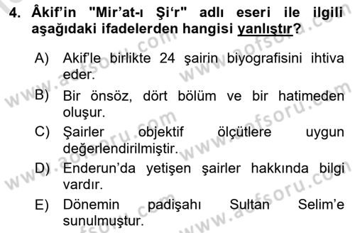 Eski Türk Edebiyatının Kaynaklarından Şair Tezkireleri Dersi 2018 - 2019 Yılı 3 Ders Sınav Soruları 4. Soru