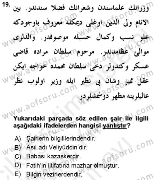 Eski Türk Edebiyatının Kaynaklarından Şair Tezkireleri Dersi 2018 - 2019 Yılı (Vize) Ara Sınav Soruları 19. Soru