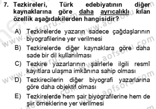 Eski Türk Edebiyatının Kaynaklarından Şair Tezkireleri Dersi 2018 - 2019 Yılı (Vize) Ara Sınav Soruları 7. Soru