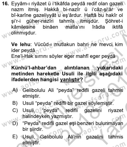Eski Türk Edebiyatının Kaynaklarından Şair Tezkireleri Dersi 2018 - 2019 Yılı Yaz Okulu Sınav Soruları 16. Soru