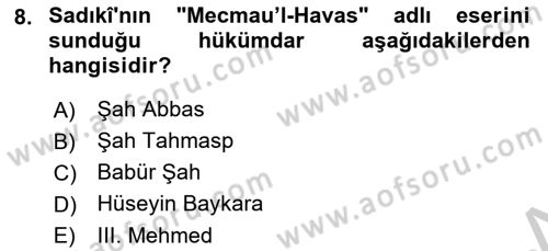 Eski Türk Edebiyatının Kaynaklarından Şair Tezkireleri Dersi 2018 - 2019 Yılı Yaz Okulu Sınav Soruları 8. Soru