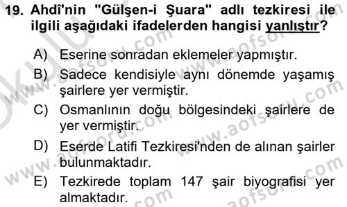 Eski Türk Edebiyatının Kaynaklarından Şair Tezkireleri Dersi 2020 - 2021 Yılı Yaz Okulu Sınav Soruları 19. Soru