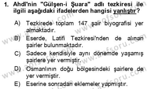 Eski Türk Edebiyatının Kaynaklarından Şair Tezkireleri Dersi 2021 - 2022 Yılı (Vize) Ara Sınav Soruları 1. Soru