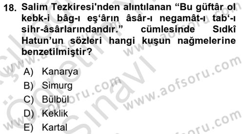Eski Türk Edebiyatının Kaynaklarından Şair Tezkireleri Dersi 2021 - 2022 Yılı Yaz Okulu Sınav Soruları 18. Soru