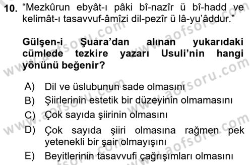 Eski Türk Edebiyatının Kaynaklarından Şair Tezkireleri Dersi 2022 - 2023 Yılı Yaz Okulu Sınav Soruları 10. Soru