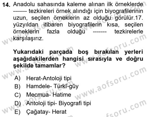 Eski Türk Edebiyatının Kaynaklarından Şair Tezkireleri Dersi 2022 - 2023 Yılı Yaz Okulu Sınav Soruları 14. Soru