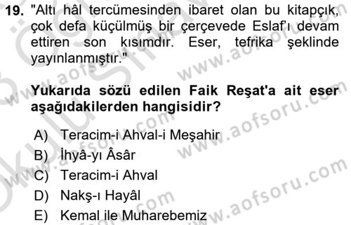 Eski Türk Edebiyatının Kaynaklarından Şair Tezkireleri Dersi 2022 - 2023 Yılı Yaz Okulu Sınav Soruları 19. Soru