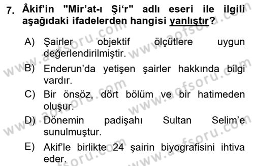 Eski Türk Edebiyatının Kaynaklarından Şair Tezkireleri Dersi 2022 - 2023 Yılı Yaz Okulu Sınav Soruları 7. Soru
