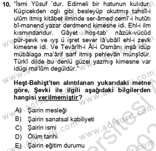 Eski Türk Edebiyatının Kaynaklarından Şair Tezkireleri Dersi 2023 - 2024 Yılı (Vize) Ara Sınav Soruları 10. Soru