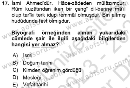 Eski Türk Edebiyatının Kaynaklarından Şair Tezkireleri Dersi 2023 - 2024 Yılı (Vize) Ara Sınav Soruları 17. Soru