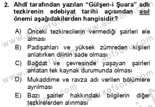 Eski Türk Edebiyatının Kaynaklarından Şair Tezkireleri Dersi 2023 - 2024 Yılı (Vize) Ara Sınav Soruları 2. Soru
