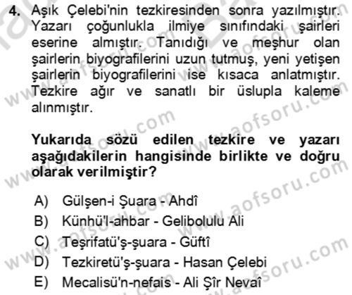 Eski Türk Edebiyatının Kaynaklarından Şair Tezkireleri Dersi 2023 - 2024 Yılı (Vize) Ara Sınav Soruları 4. Soru