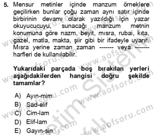 Eski Türk Edebiyatının Kaynaklarından Şair Tezkireleri Dersi 2023 - 2024 Yılı (Vize) Ara Sınav Soruları 5. Soru