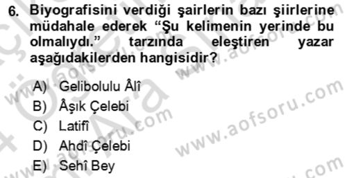 Eski Türk Edebiyatının Kaynaklarından Şair Tezkireleri Dersi 2023 - 2024 Yılı (Vize) Ara Sınav Soruları 6. Soru