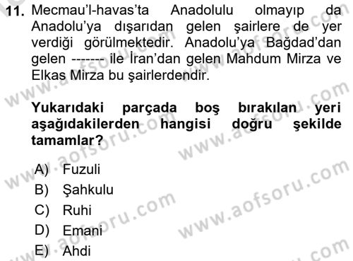 Eski Türk Edebiyatının Kaynaklarından Şair Tezkireleri Dersi 2023 - 2024 Yılı Yaz Okulu Sınav Soruları 11. Soru