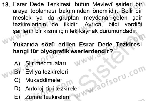 Eski Türk Edebiyatının Kaynaklarından Şair Tezkireleri Dersi 2023 - 2024 Yılı Yaz Okulu Sınav Soruları 18. Soru