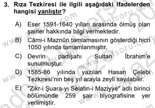 Eski Türk Edebiyatının Kaynaklarından Şair Tezkireleri Dersi 2023 - 2024 Yılı Yaz Okulu Sınav Soruları 3. Soru