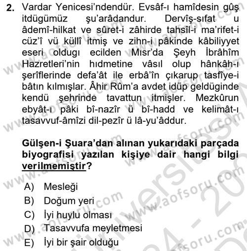 Eski Türk Edebiyatının Kaynaklarından Şair Tezkireleri Dersi 2024 - 2025 Yılı (Vize) Ara Sınav Soruları 2. Soru