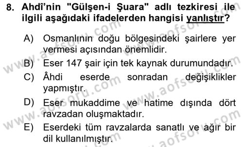 Eski Türk Edebiyatının Kaynaklarından Şair Tezkireleri Dersi 2024 - 2025 Yılı (Vize) Ara Sınav Soruları 8. Soru