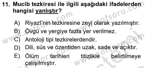 Eski Türk Edebiyatının Kaynaklarından Şair Tezkireleri Dersi 2024 - 2025 Yılı (Final) Dönem Sonu Sınav Soruları 11. Soru