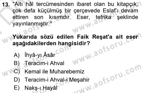 Eski Türk Edebiyatının Kaynaklarından Şair Tezkireleri Dersi 2024 - 2025 Yılı (Final) Dönem Sonu Sınav Soruları 13. Soru