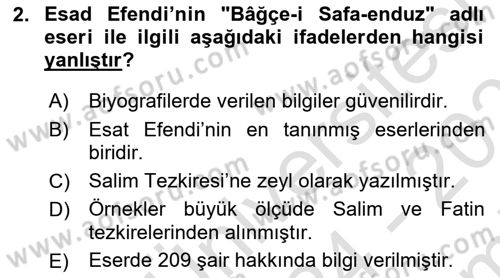 Eski Türk Edebiyatının Kaynaklarından Şair Tezkireleri Dersi 2024 - 2025 Yılı (Final) Dönem Sonu Sınav Soruları 2. Soru