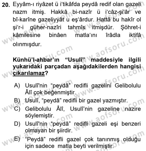 Eski Türk Edebiyatının Kaynaklarından Şair Tezkireleri Dersi 2024 - 2025 Yılı (Final) Dönem Sonu Sınav Soruları 20. Soru