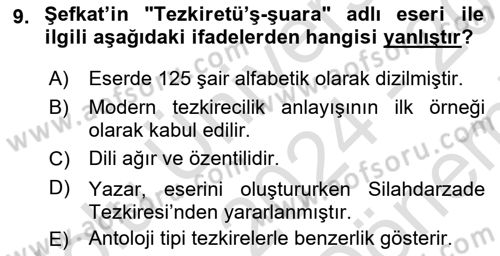 Eski Türk Edebiyatının Kaynaklarından Şair Tezkireleri Dersi 2024 - 2025 Yılı (Final) Dönem Sonu Sınav Soruları 9. Soru