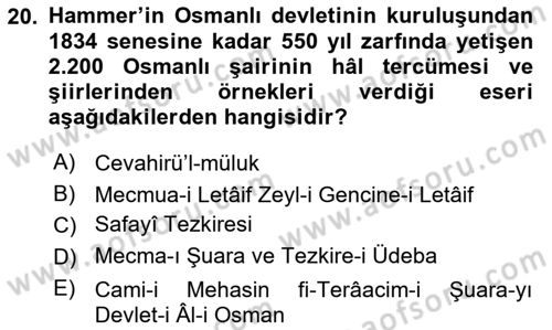 Eski Türk Edebiyatının Kaynaklarından Şair Tezkireleri Dersi 2024 - 2025 Yılı Yaz Okulu Sınav Soruları 20. Soru