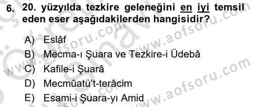 Eski Türk Edebiyatının Kaynaklarından Şair Tezkireleri Dersi 2024 - 2025 Yılı Yaz Okulu Sınav Soruları 6. Soru