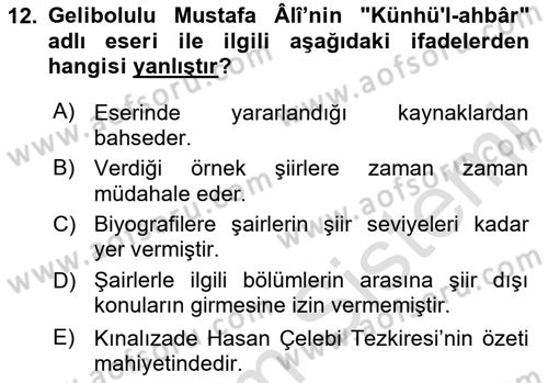 Eski Türk Edebiyatının Kaynaklarından Şair Tezkireleri Dersi 2025 - 2026 Yılı (Vize) Ara Sınav Soruları 12. Soru