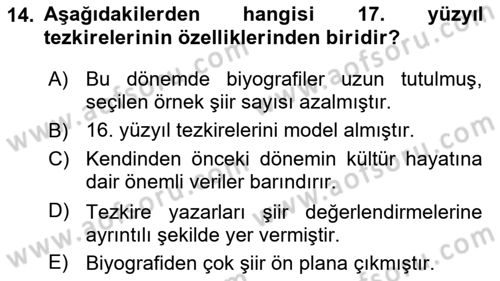 Eski Türk Edebiyatının Kaynaklarından Şair Tezkireleri Dersi 2025 - 2026 Yılı (Vize) Ara Sınav Soruları 14. Soru