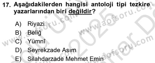 Eski Türk Edebiyatının Kaynaklarından Şair Tezkireleri Dersi 2025 - 2026 Yılı (Vize) Ara Sınav Soruları 17. Soru