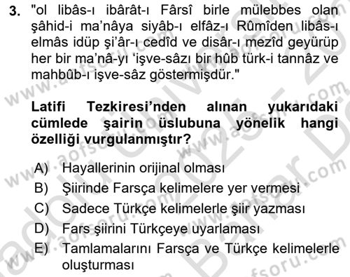 Eski Türk Edebiyatının Kaynaklarından Şair Tezkireleri Dersi 2025 - 2026 Yılı (Vize) Ara Sınav Soruları 3. Soru