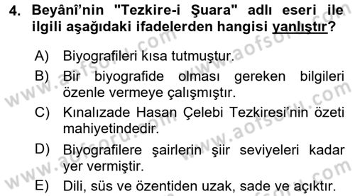 Eski Türk Edebiyatının Kaynaklarından Şair Tezkireleri Dersi 2025 - 2026 Yılı (Vize) Ara Sınav Soruları 4. Soru
