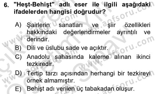 Eski Türk Edebiyatının Kaynaklarından Şair Tezkireleri Dersi 2025 - 2026 Yılı (Vize) Ara Sınav Soruları 6. Soru