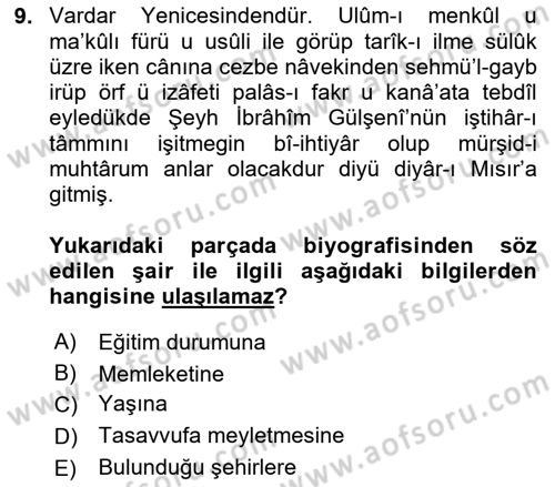 Eski Türk Edebiyatının Kaynaklarından Şair Tezkireleri Dersi 2025 - 2026 Yılı (Vize) Ara Sınav Soruları 9. Soru