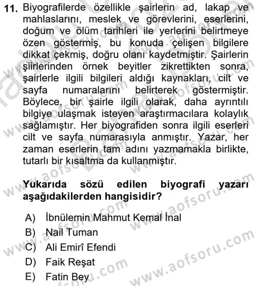 Eski Türk Edebiyatının Kaynaklarından Şair Tezkireleri Dersi 2025 - 2026 Yılı (Final) Dönem Sonu Sınav Soruları 11. Soru