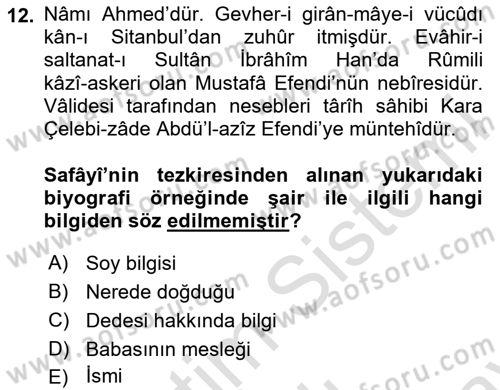 Eski Türk Edebiyatının Kaynaklarından Şair Tezkireleri Dersi 2025 - 2026 Yılı (Final) Dönem Sonu Sınav Soruları 12. Soru