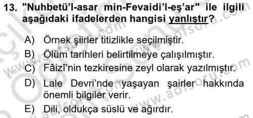 Eski Türk Edebiyatının Kaynaklarından Şair Tezkireleri Dersi 2025 - 2026 Yılı (Final) Dönem Sonu Sınav Soruları 13. Soru