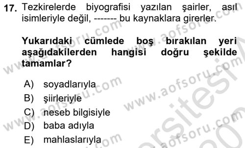 Eski Türk Edebiyatının Kaynaklarından Şair Tezkireleri Dersi 2025 - 2026 Yılı (Final) Dönem Sonu Sınav Soruları 17. Soru