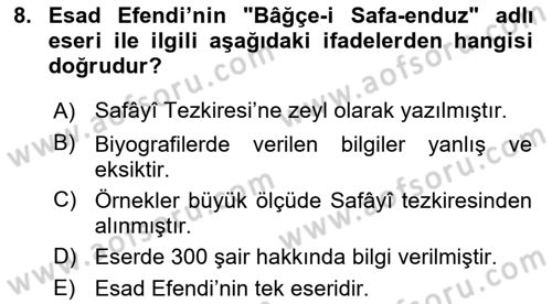Eski Türk Edebiyatının Kaynaklarından Şair Tezkireleri Dersi 2025 - 2026 Yılı (Final) Dönem Sonu Sınav Soruları 8. Soru