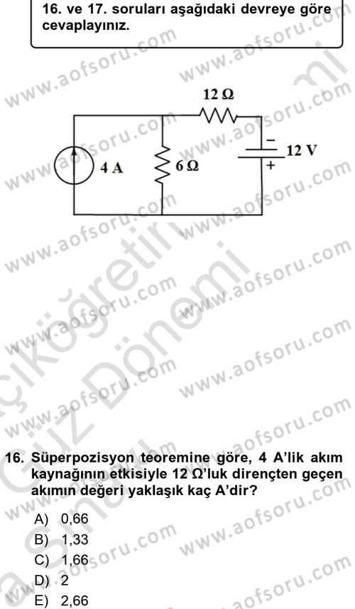 Devre Analizi Dersi 2016 - 2017 Yılı (Vize) Ara Sınav Soruları 16. Soru