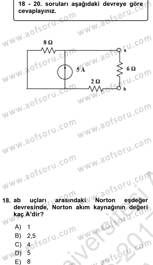 Devre Analizi Dersi 2016 - 2017 Yılı (Vize) Ara Sınav Soruları 18. Soru